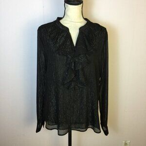 New! Tommy Hilfiger Blouse Size L Womans Black Metallic Sheer Long Sleeve Ruffle